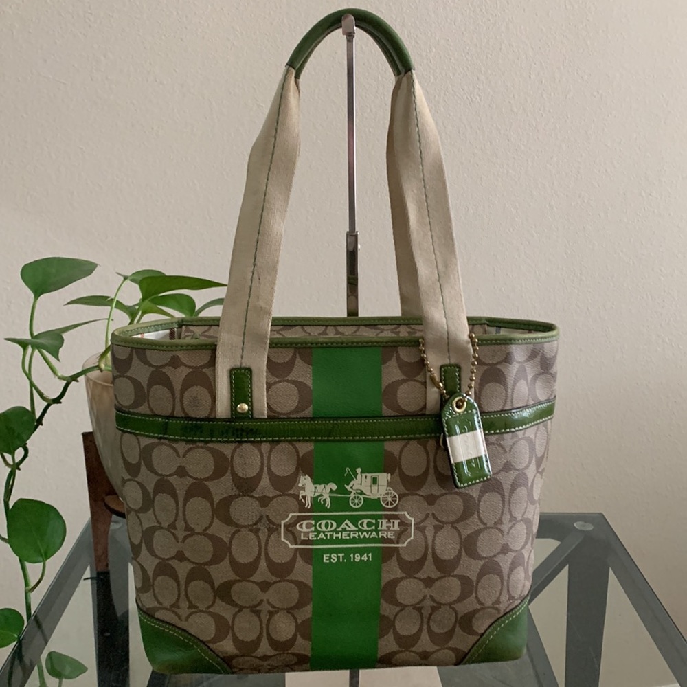 COACH Heritage Signature Green Stripe Tote Bag